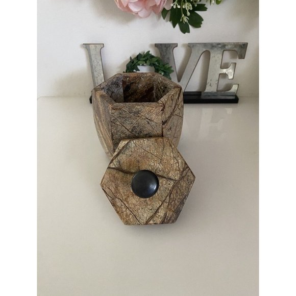 Hexagonal Stone Canister Lidded Container Trinket Box Port To Port Vintage Brown - Picture 15 of 16